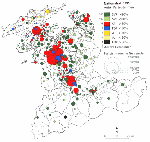 Karte der Nationalratswahlen Kanton Bern 1995 mit den Wähleranteilen
