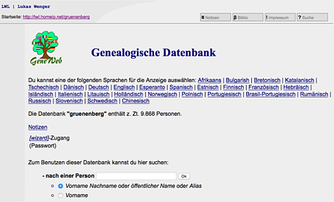 Homepage der Datenbank, wie sie in eine graphischen Browser dargestellt wird